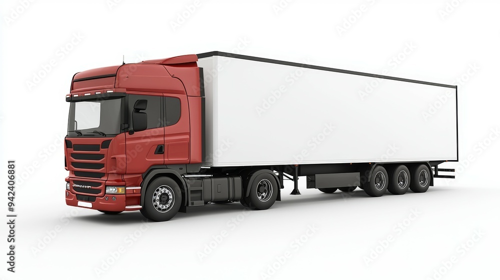 A red semi truck with a white trailer A red semi truck with a white trailer