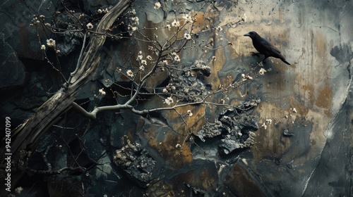A black bird sits atop a tree branch, surrounded by leaves and twigs