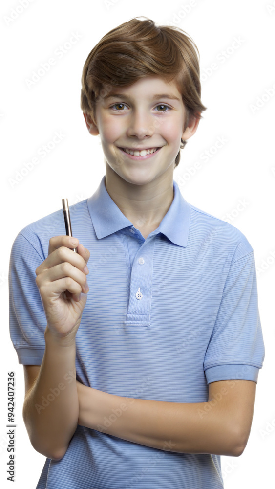 Smiling young boy holding a pen, focused on writing Smiling young boy holding a pen, focused on writing