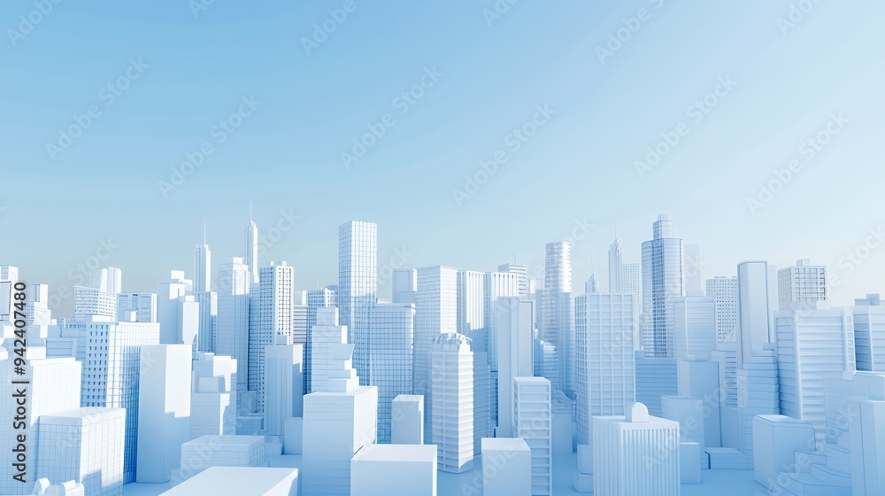 A minimalistic city skyline rendered in white against a clear blue sky. A minimalistic city skyline rendered in white against a clear blue sky.