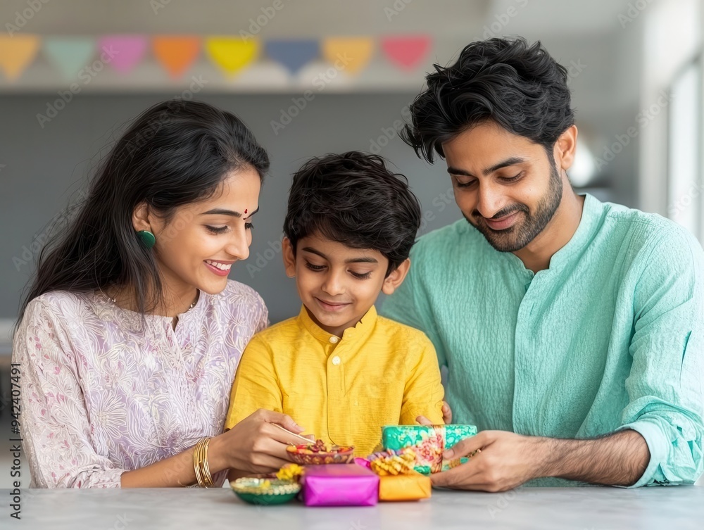 A family exchanging gifts during Diwali A family exchanging gifts during Diwali