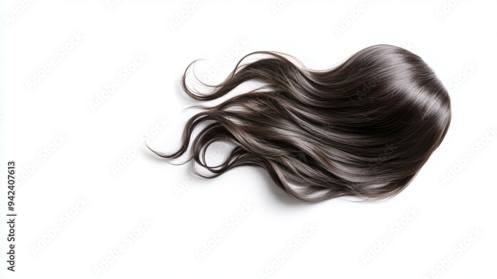 A long, curly black wig is shown on a white background A long, curly black wig is shown on a white background