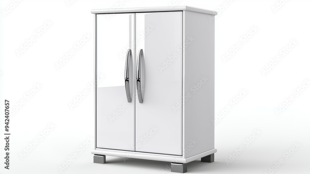 A white cabinet with two doors and two handles A white cabinet with two doors and two handles