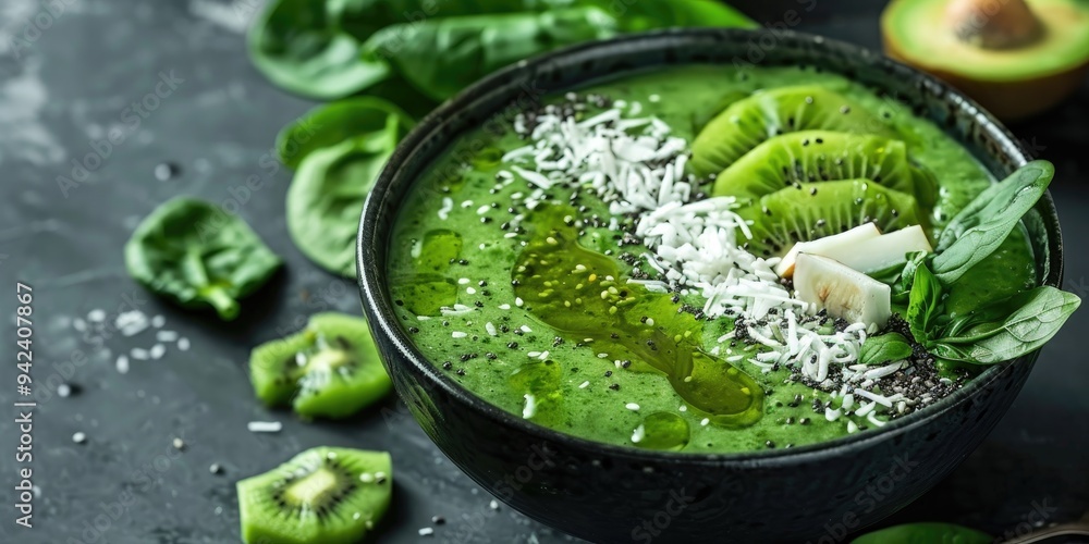 Smoothie bowl featuring spinach, avocado, celery, kiwi, and coconut milk, garnished with coconut flakes and flaxseed. A nutritious homemade vegan option for detoxification, dieting, and weight Smoothie bowl featuring spinach, avocado, celery, kiwi, and coconut milk, garnished with coconut flakes and flaxseed. A nutritious homemade vegan option for detoxification, dieting, and weight
