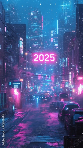 Neon-Lit Cityscape with 2025 Sign and Snowfall photo