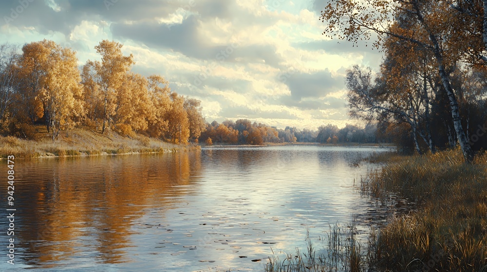 A serene river landscape with autumn foliage reflecting on the water's surface. A serene river landscape with autumn foliage reflecting on the water's surface.