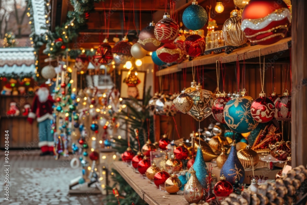 Christmas market with stalls selling ornaments and gifts Christmas market with stalls selling ornaments and gifts