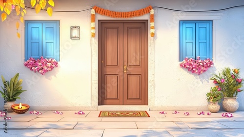 A cozy depiction of a home decorated for Diwali, with torans hanging at the door, floral garlands, and diyas placed around the house photo