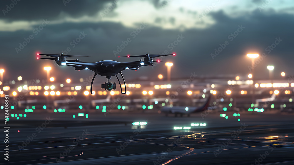 Fototapeta premium A futuristic drone with a 360-degree camera takes dynamic shots of aircraft landing and taking off at a busy international airport, with terminal lights glowing in the background.