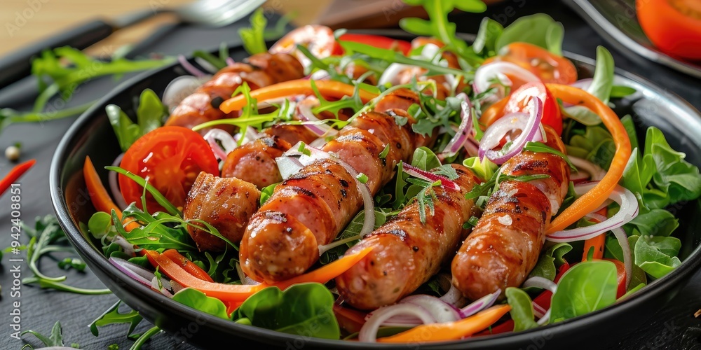 Colorful sausage salad in a black bowl with fresh green leaves white onions ripe red tomatoes and vibrant orange sausages Colorful sausage salad in a black bowl with fresh green leaves white onions ripe red tomatoes and vibrant orange sausages