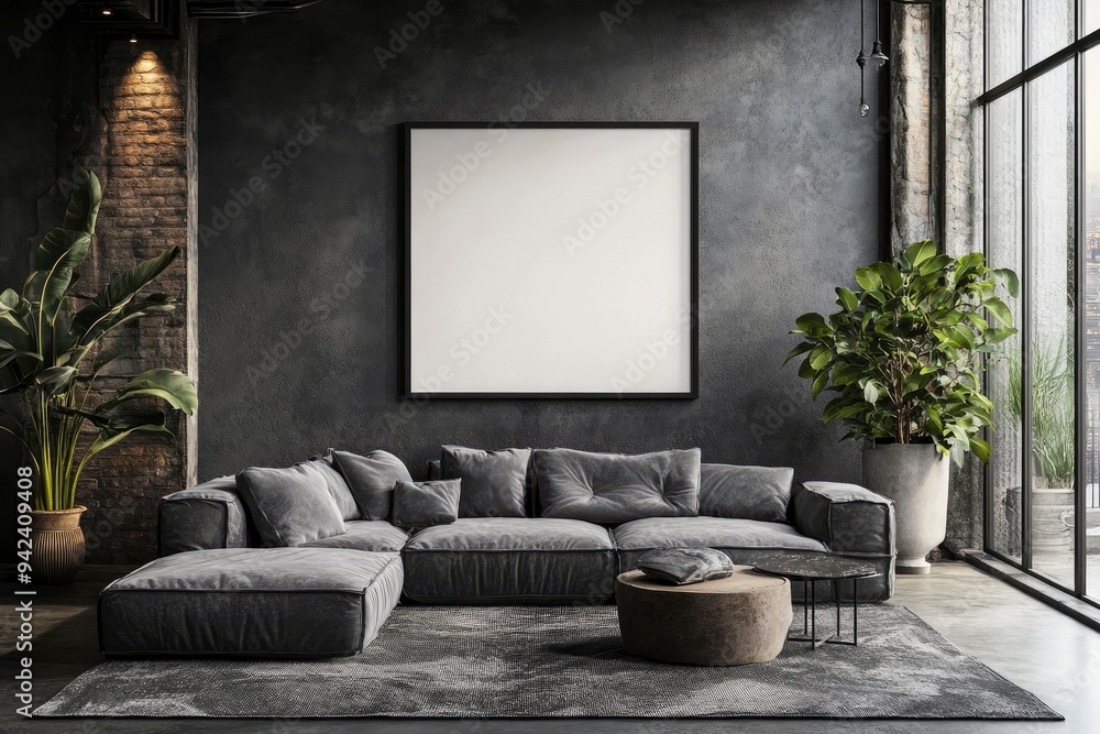 Modern dark loft living room interior with blank poster frame mockup on grey wall with generative ai Modern dark loft living room interior with blank poster frame mockup on grey wall with generative ai