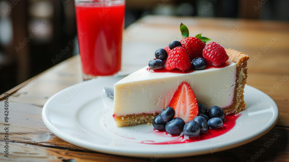 A slice of cheesecake with strawberries, blueberries and raspberries on top of a white plate. A glass of red juice is next to the plate A slice of cheesecake with strawberries, blueberries and raspberries on top of a white plate. A glass of red juice is next to the plate
