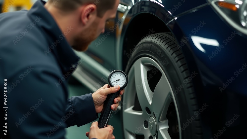 A man is checking the tire pressure of a car A man is checking the tire pressure of a car