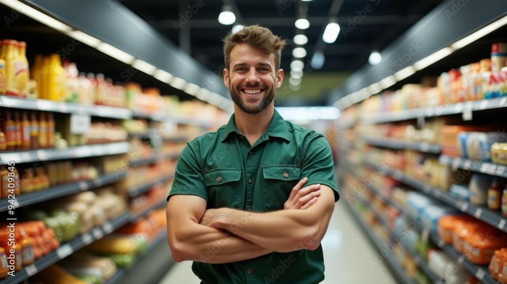 A smiling man in a green shirt stands in a grocery store aisle A smiling man in a green shirt stands in a grocery store aisle