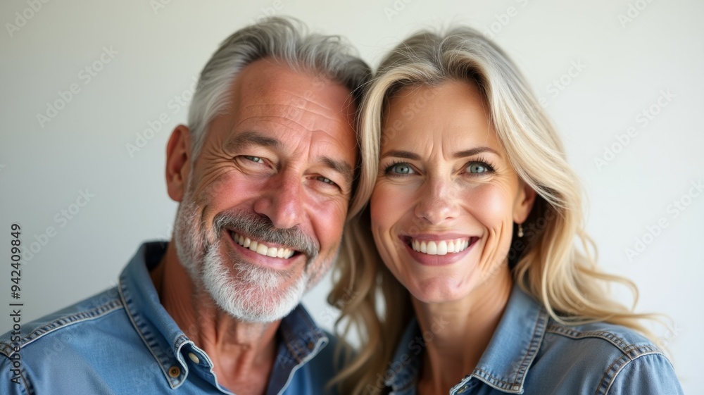 A man and a woman are smiling for the camera A man and a woman are smiling for the camera