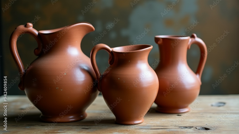 Three vases of different sizes are sitting on a wooden table Three vases of different sizes are sitting on a wooden table