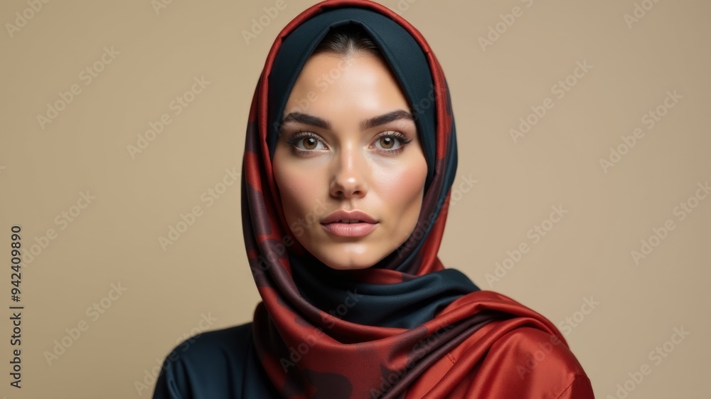 A woman wearing a red and black scarf with a black head scarf A woman wearing a red and black scarf with a black head scarf