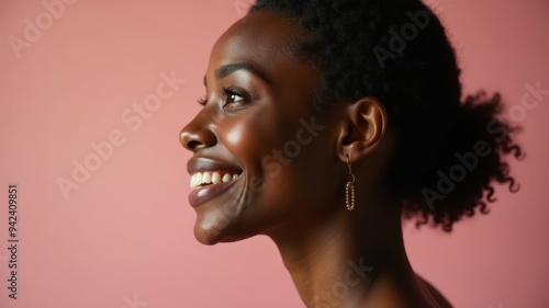 A woman with a gold earring is smiling