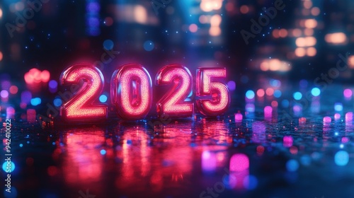 Neon Pink 2025 Number Sign with City Lights Bokeh in Background