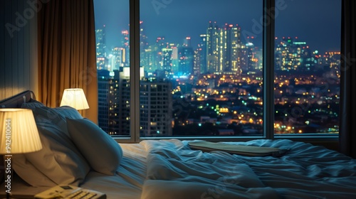 hotel room overlooking the city at night photo