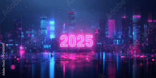 Neon Cityscape with 2025 in Pink Lights photo