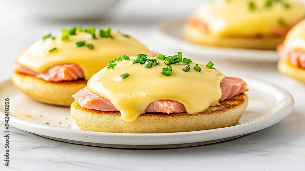 Eggs Benedict with Smoked Salmon and Hollandaise Sauce on English Muffin: A Perfect Brunch or Breakfast Dish Featuring Classic Flavors and Elegant Presentation Eggs Benedict with Smoked Salmon and Hollandaise Sauce on English Muffin: A Perfect Brunch or Breakfast Dish Featuring Classic Flavors and Elegant Presentation