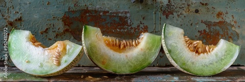 Spoiled honeydew melon with exposed deteriorated flesh, highlighting this distinct variety within the Cucumis melo Inodorus group. photo