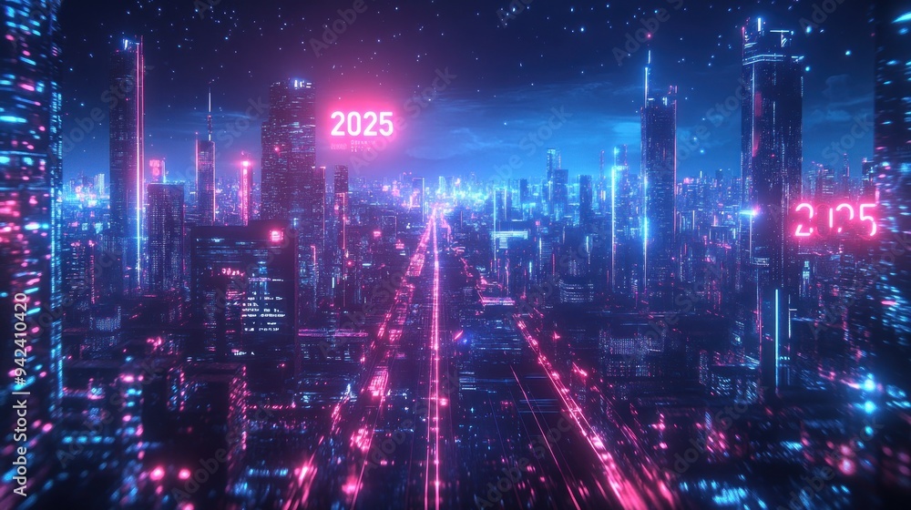 Neon-Lit Futuristic Cityscape with 2025 Year Display Neon-Lit Futuristic Cityscape with 2025 Year Display