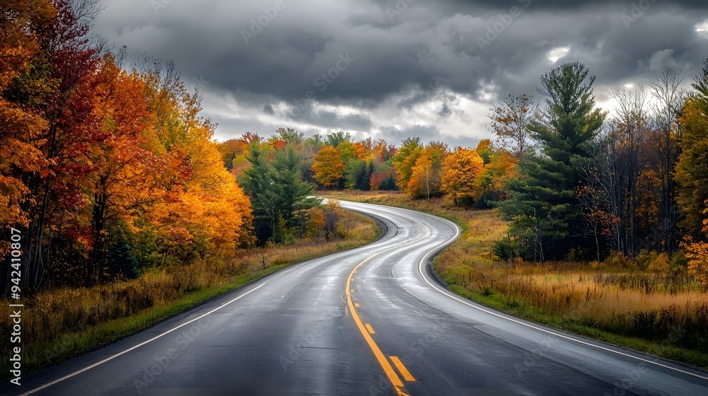 Autumn's Winding Path: A wet asphalt road curves through a vibrant autumnal forest, under a dramatic, cloud-filled sky. Autumn's Winding Path: A wet asphalt road curves through a vibrant autumnal forest, under a dramatic, cloud-filled sky.