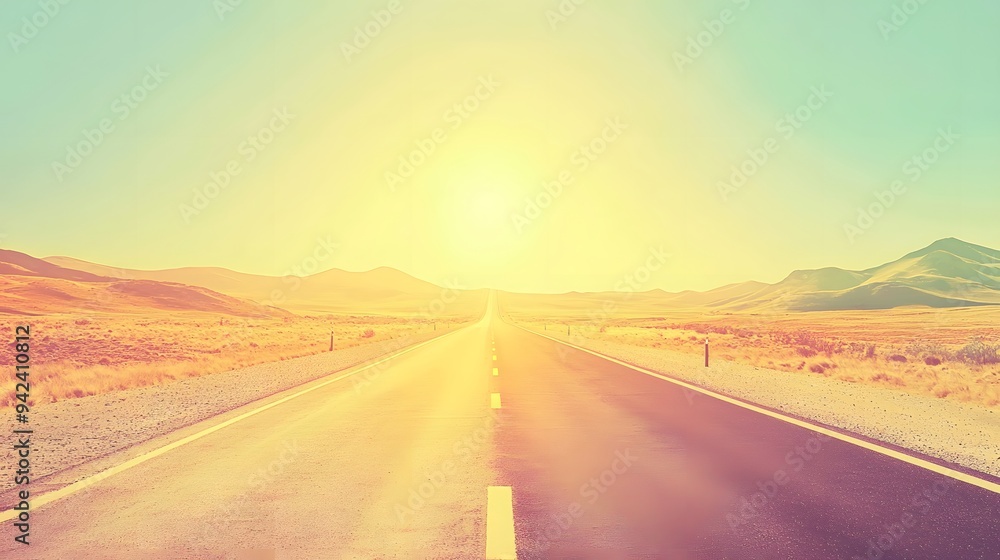Fototapeta premium Golden Road to Adventure: A sun-drenched highway stretches towards a distant sunset, inviting exploration and wanderlust. 