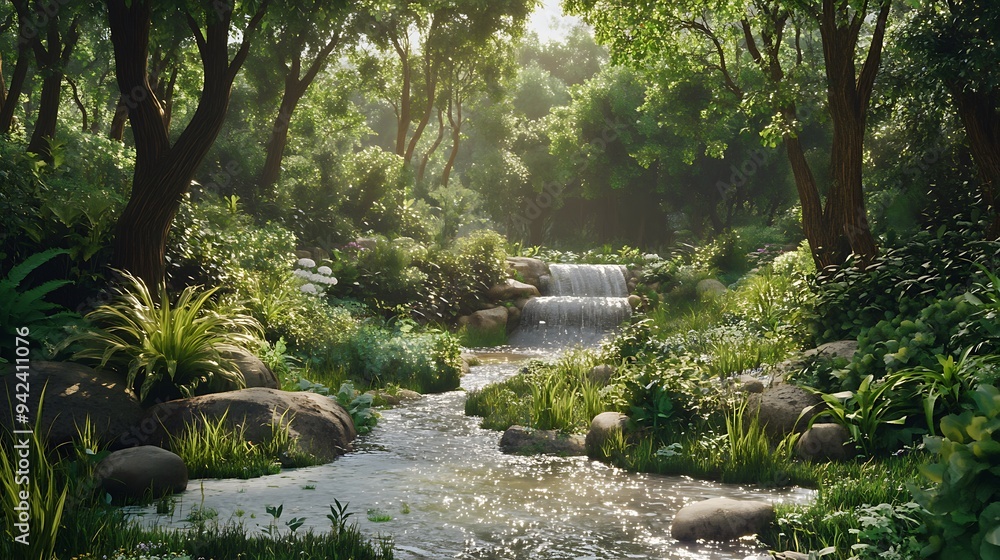 Sunlit Forest Stream with a Waterfall and Lush Vegetation Sunlit Forest Stream with a Waterfall and Lush Vegetation