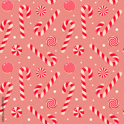 Candy cane and swirl candies seamless pattern. Cute Christmas sweet candy design. Good for wrapping paper, background, fabric.