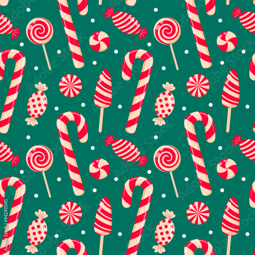 Candy cane, lollipops and swirl candies seamless pattern. Cute Christmas sweet candy design. Good for wrapping paper, background, fabric.