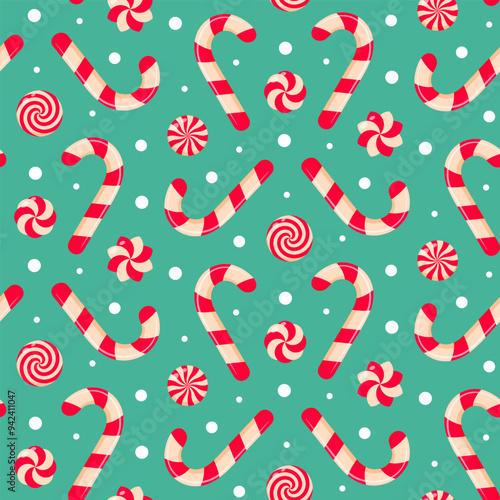 Candy cane and swirl candies seamless pattern. Cute Christmas sweet candy design. Good for wrapping paper, background, fabric.