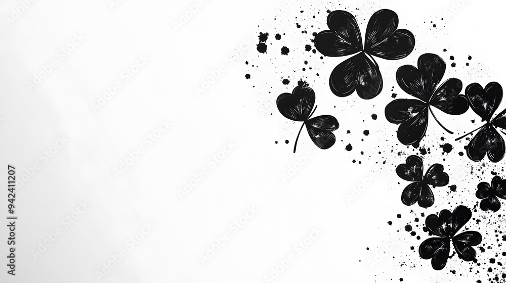 Black Shamrock Spatter: A minimalist design of black shamrock silhouettes with an artistic splatter effect, ideal for edgy St. Patrick's Day graphics. Black Shamrock Spatter: A minimalist design of black shamrock silhouettes with an artistic splatter effect, ideal for edgy St. Patrick's Day graphics.