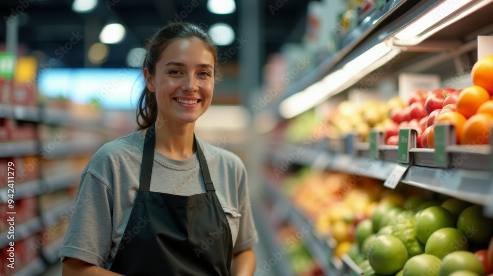 A woman wearing an apron stands in a produce section of a grocery store A woman wearing an apron stands in a produce section of a grocery store