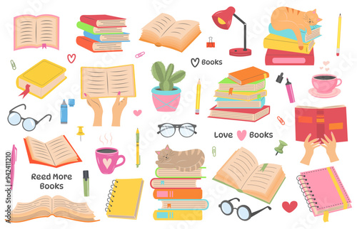Set of different books and stationery. Stacks of books, textbooks, open books, planners, pens, pencils, glasses, mugs, cats and other. World book day. Literature, education, school concept.