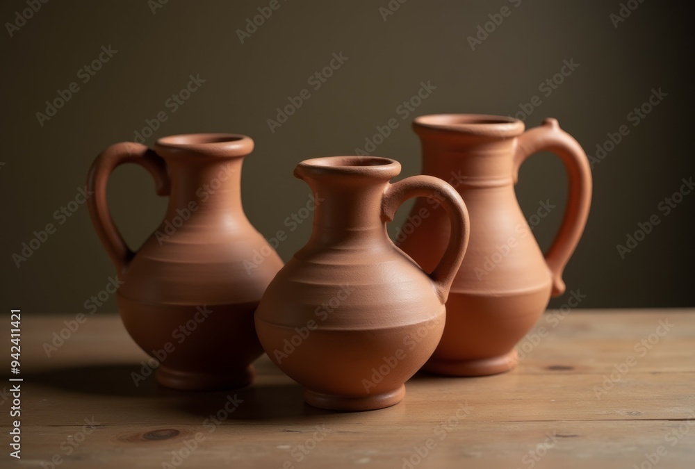 Three clay vases are sitting on a wooden table Three clay vases are sitting on a wooden table