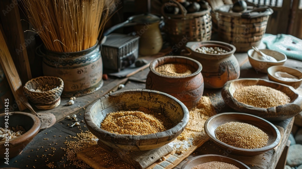 Cooking millet porridge with ingredients on a table Cooking millet porridge with ingredients on a table