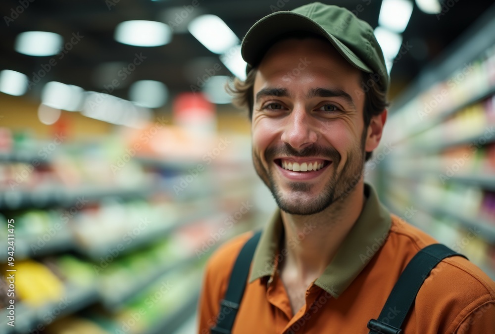 Fototapeta premium A smiling man in an orange shirt stands in front of a grocery store
