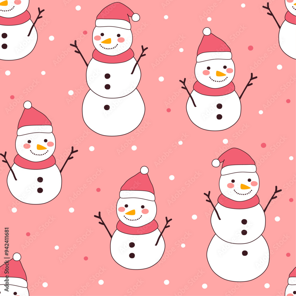 Seamless doodle pattern with cute snowmen on a pink background.Wrapping paper with funny winter characters. Seamless doodle pattern with cute snowmen on a pink background.Wrapping paper with funny winter characters.