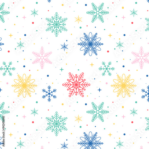 Funny repeated colorful christmas snowflakes pattern. Cute winterseamless snow pattern with geometric motifs. Vector illustration.