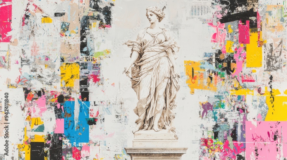 Fototapeta premium Abstract Collage with Statue and Colorful Papers