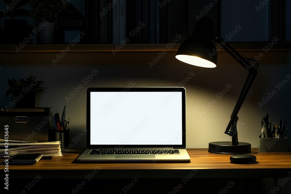 Office at night, dark work space, blank screen laptop mock up on wooden desk with light from table lamp with generative ai Office at night, dark work space, blank screen laptop mock up on wooden desk with light from table lamp with generative ai