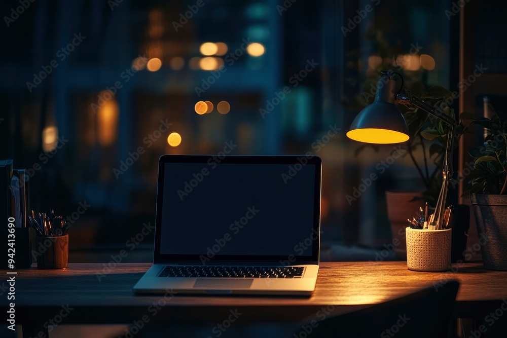 Office at night, dark work space, blank screen laptop mock up on wooden desk with light from table lamp with generative ai Office at night, dark work space, blank screen laptop mock up on wooden desk with light from table lamp with generative ai