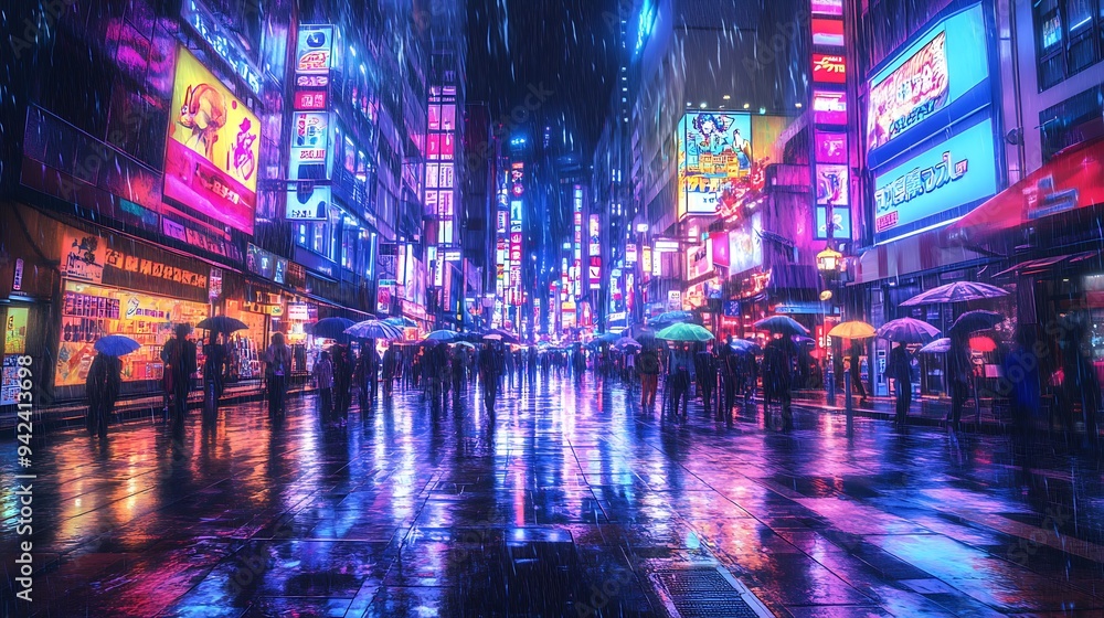 Neon-Lit City Street with Rain and People Holding Umbrellas Neon-Lit City Street with Rain and People Holding Umbrellas
