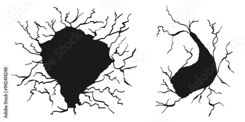 Hand drawn cracked wall, ground, glass, egg. doodle break set. vector illustration