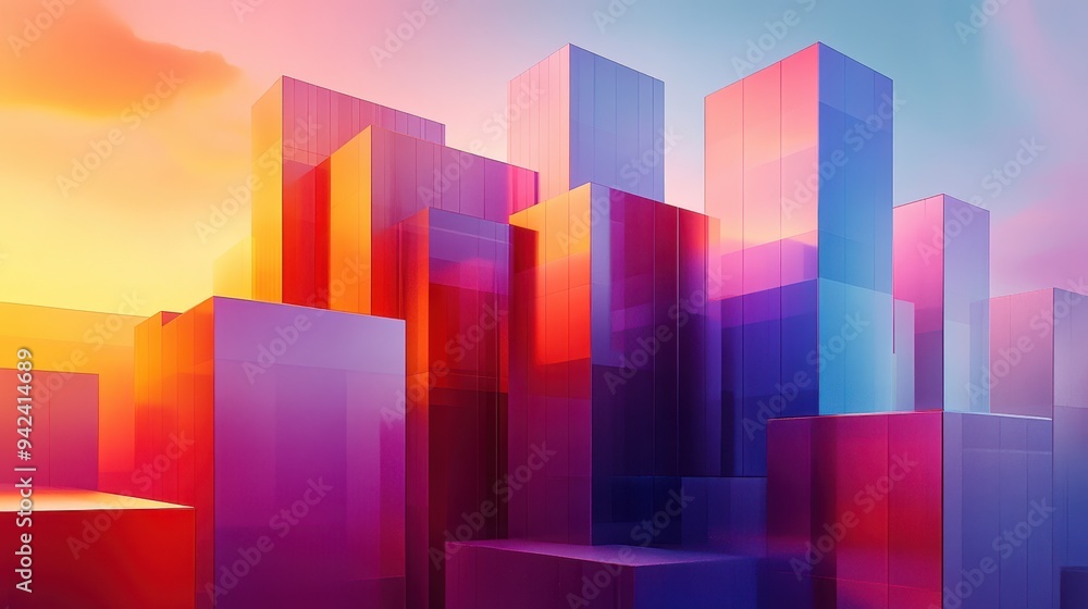 Abstract Geometric Building Facade with Colorful Glass Panels Abstract Geometric Building Facade with Colorful Glass Panels