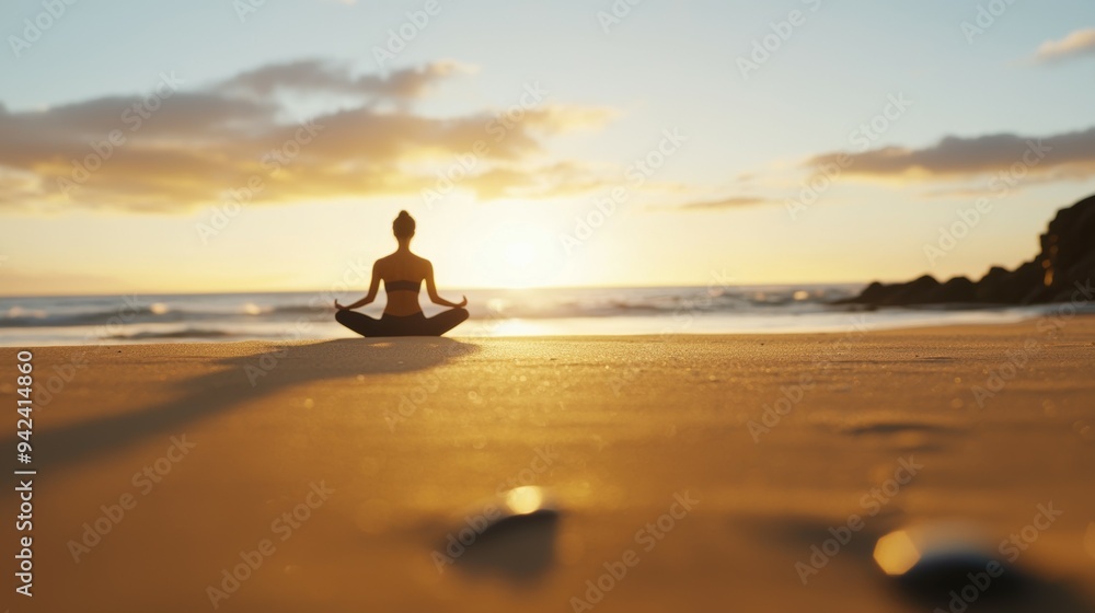 A woman is sitting on the beach, meditating A woman is sitting on the beach, meditating