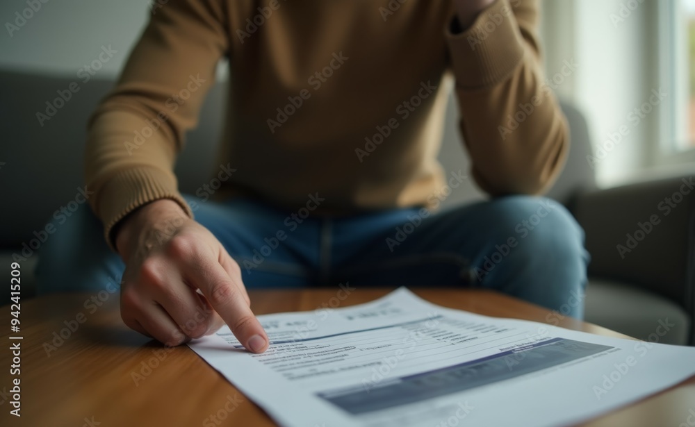 A man is sitting on a couch and pointing at a piece of paper A man is sitting on a couch and pointing at a piece of paper
